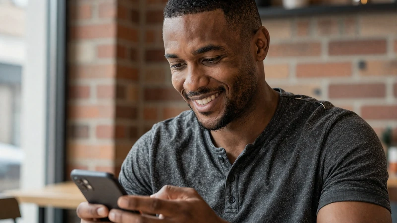 Man browsing local dating matches on his phone at a coffee shop using a location-based dating app