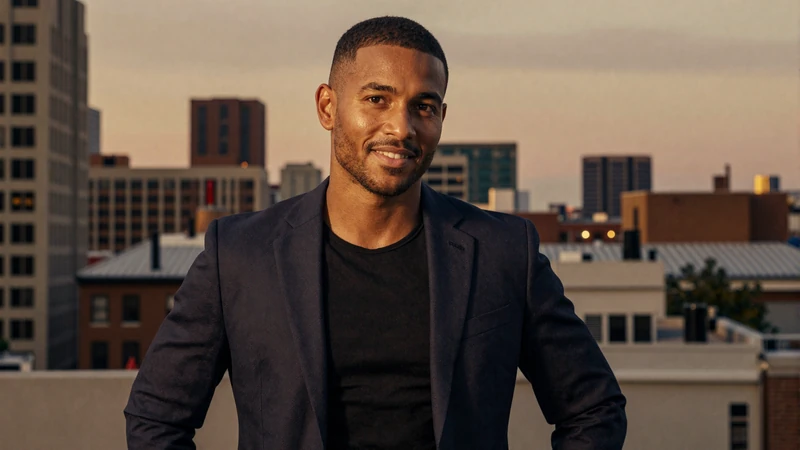 Confident man standing on a city rooftop at dusk showing natural relaxed body language that women find attractive