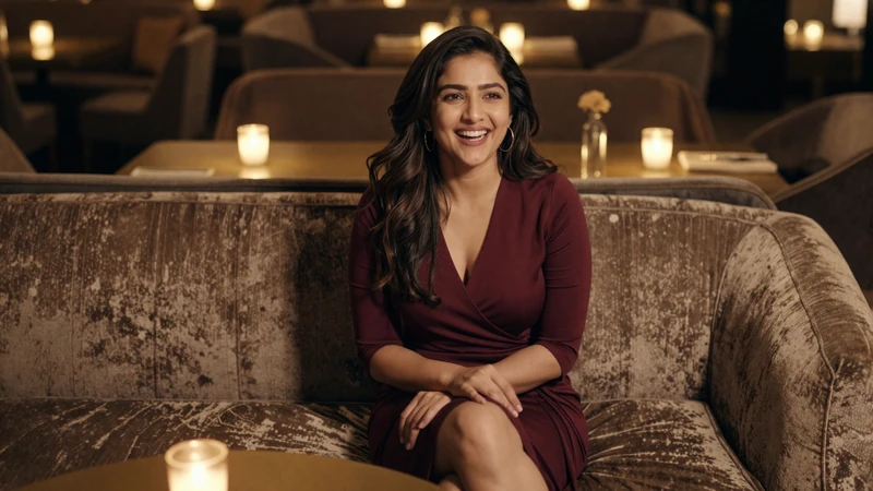 Woman laughing naturally on a date in a dimly lit lounge, showing the authentic confidence men find attractive