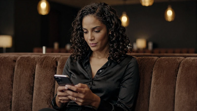 Woman browsing a dating app on her phone in a dimly lit upscale lounge with warm gold lighting