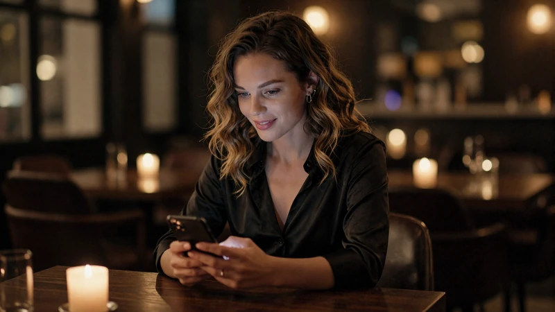 Woman browsing adult friend websites on her phone at an upscale restaurant with moody lighting