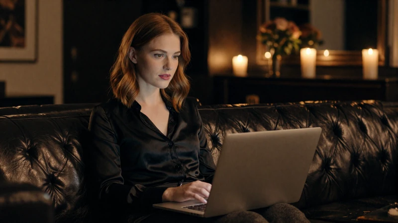 Woman searching for Craigslist personals alternatives on her laptop in a dark luxury apartment setting