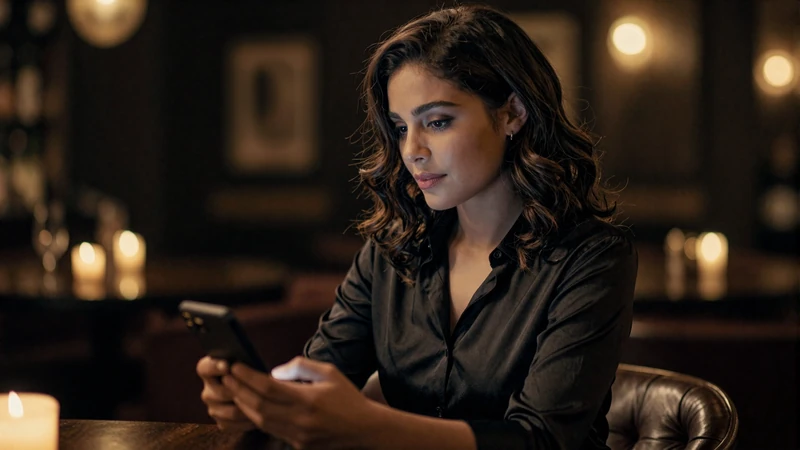Woman browsing a private kink dating app on her phone in an intimate upscale bar setting