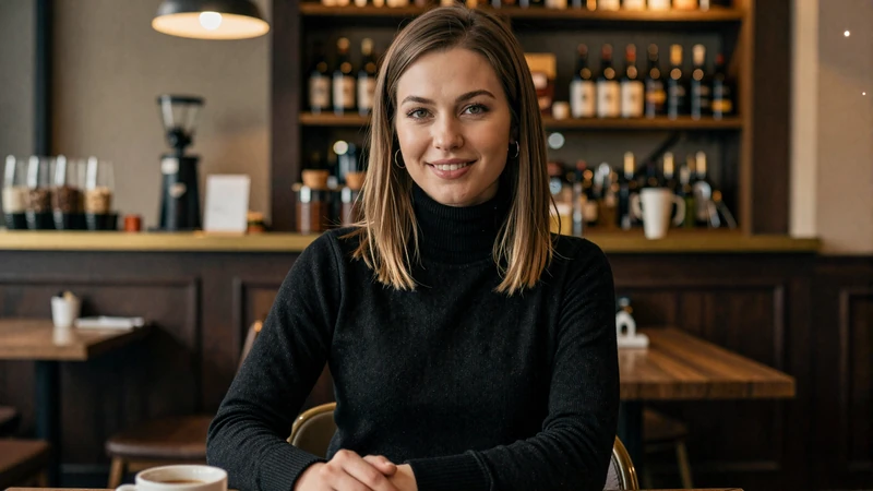 A confident woman at a well-lit coffee shop for a safe first date - practicing online dating safety tips