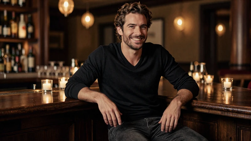 Fit man laughing naturally at a candlelit cocktail bar showing genuine confidence and warmth that women find attractive in dating contexts